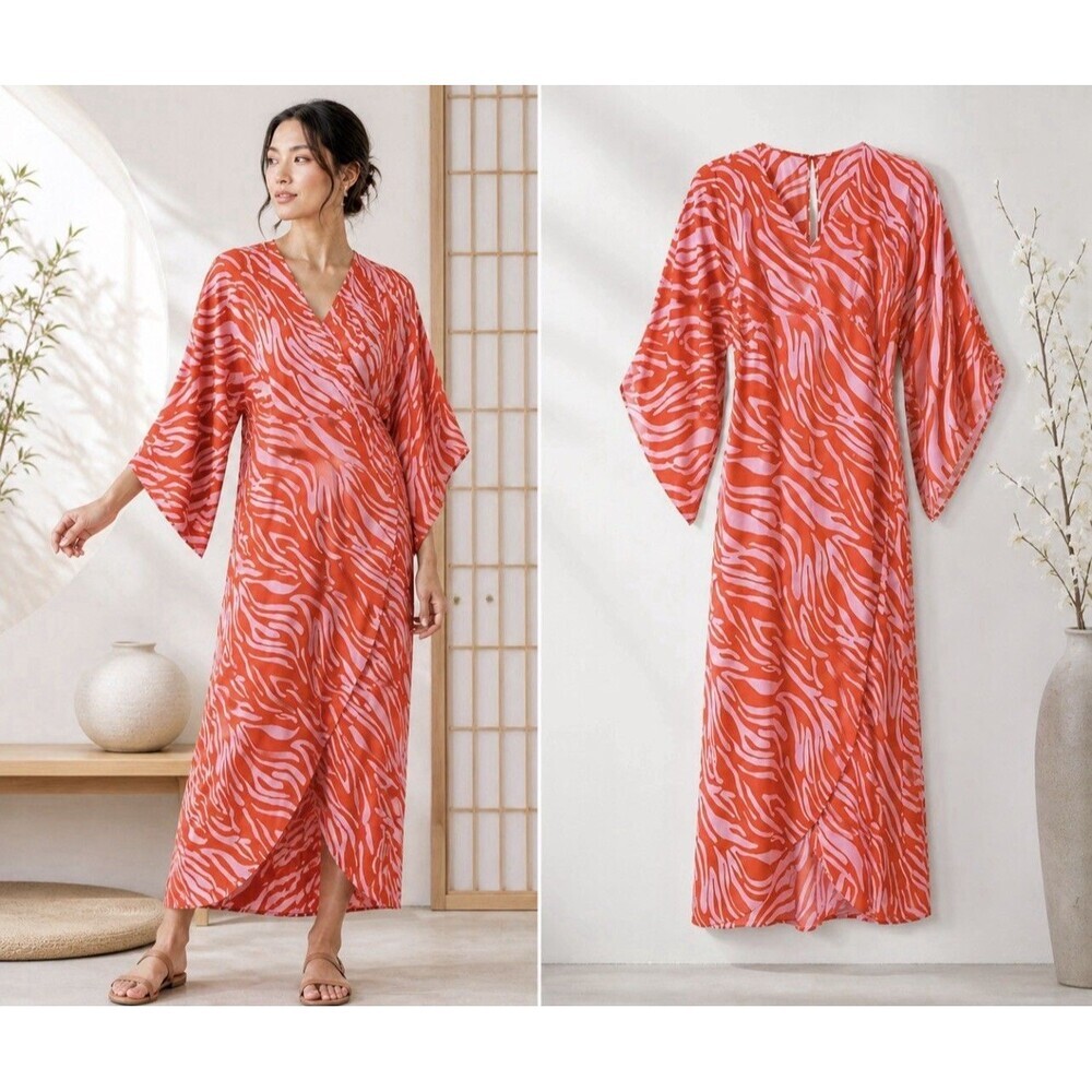 CAbi Saunter Kimono Maxi Dress XS Orange Purple Resort Boho Coastal Glam Flowy